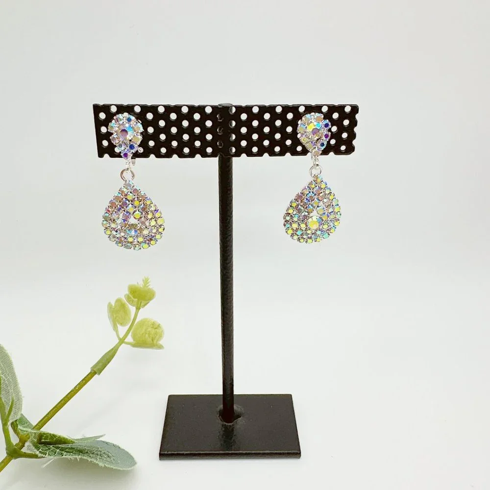 CLIP ON Small Pear Shape AB Color Rhinestone Earrings - Picture 4 of 10